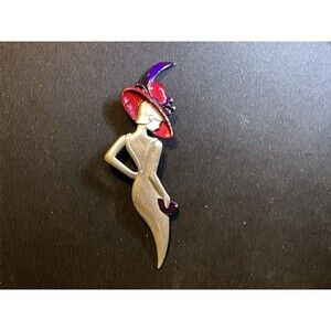 J.J. Woman In Red Hat Art Deco Brooch